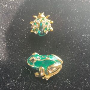 Green Enamel Frog & Ladybug Brooches - Gold Tone